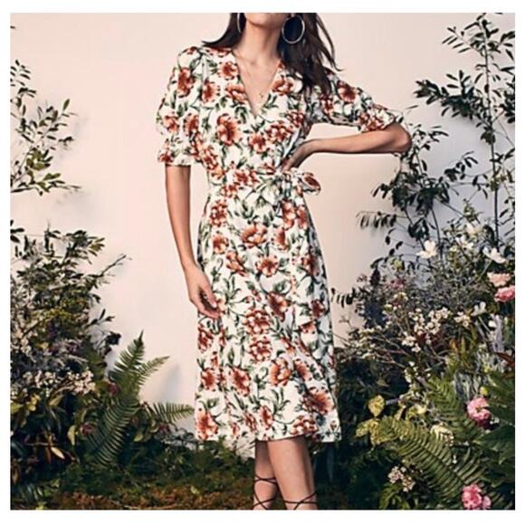 Happy X Nature Teagarden Floral Puff Sleeve Linen Wrap Midi Dress Small Coquette - Picture 13 of 13